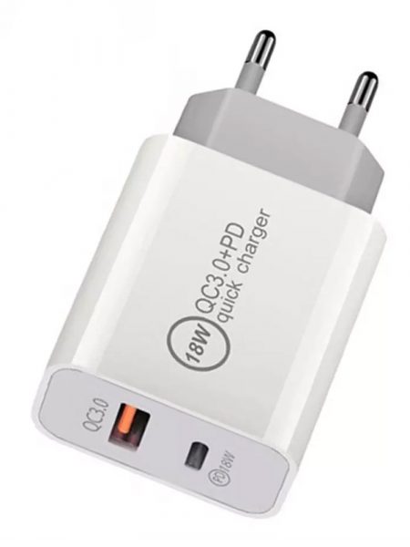 Мережевий зарядний пристрій PD ​​2 USB Charger QC3.0+18W Max білий
